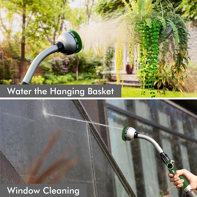 RESTMO Watering Wand Heavy Duty, Metal Garden Hose Wand with 10 Spray Patterns, 15-Inch Long Hose Nozzle Sprayer with Thumb Flow Control, Ideal to Water Hanging Baskets and Shrubs, Green