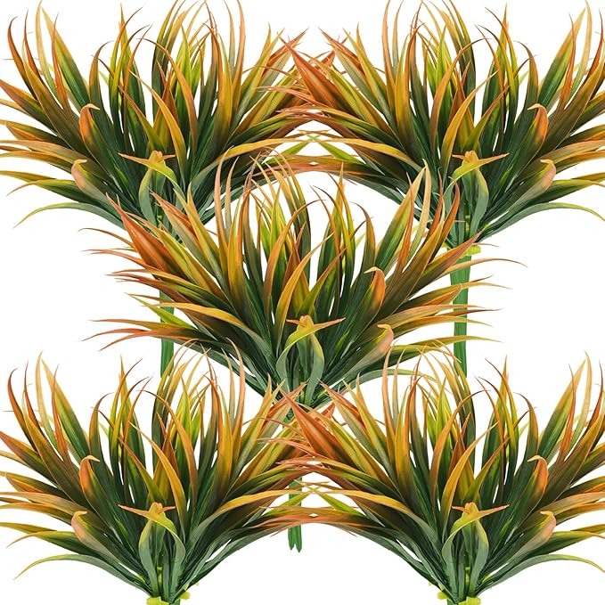 32 Pcs Artificial Grass Fake Plants 17.3in Outdoor Plastic Plants UV Resistant Greenery Fake Grass for Home Window Garden Office Patio Hanging Planter Pathway Front Porch Décor Orange Yellow