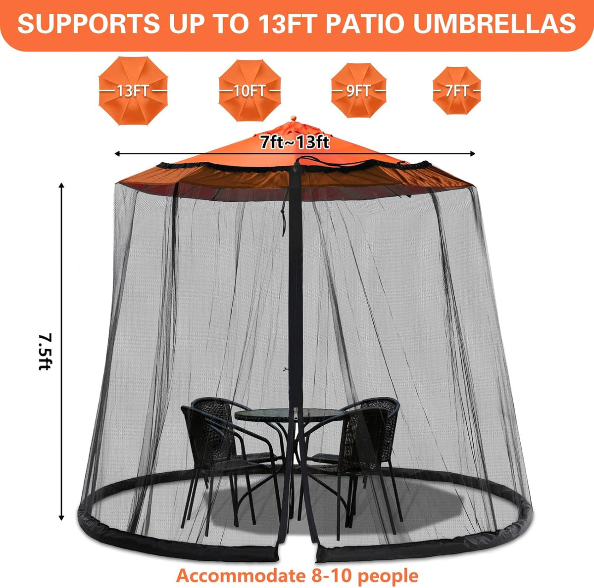 7.5-13FT Mosquito Netting for Patio - Mosquito Net for Patio Garden and Outdoor Umbrellas with Zipper and Adjustable, Umbrella Netting for Outdoor Umbrellas