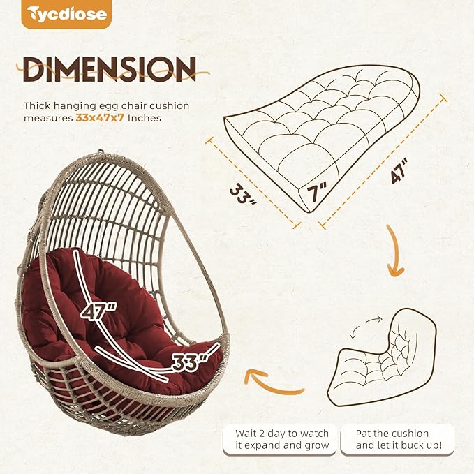 Egg Chair Cushion Replacement, Waterproof Outdoor Hanging Egg Chair Cushion Hammock Swing Chairs Cushions Pads, U-Shaped Thickened Cushions for Hanging Eggs Chairs, 47x33x7 Inches (Red)