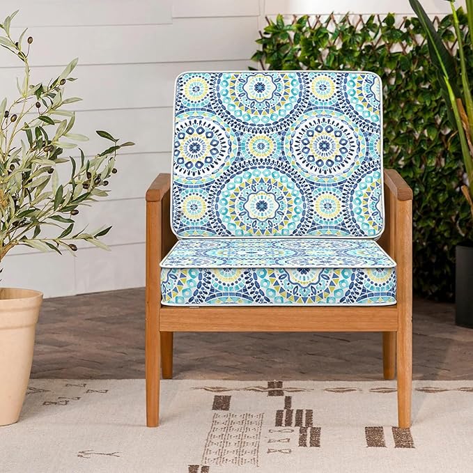 LVTXIII Patio Chair Cushions 22"x22"x3", Water-Repellent Outdoor Seat Cushions for Patio Furniture, Square Chair Pads with Ties for Home Garden Decoration, Set of 2, Delancey Lagoon