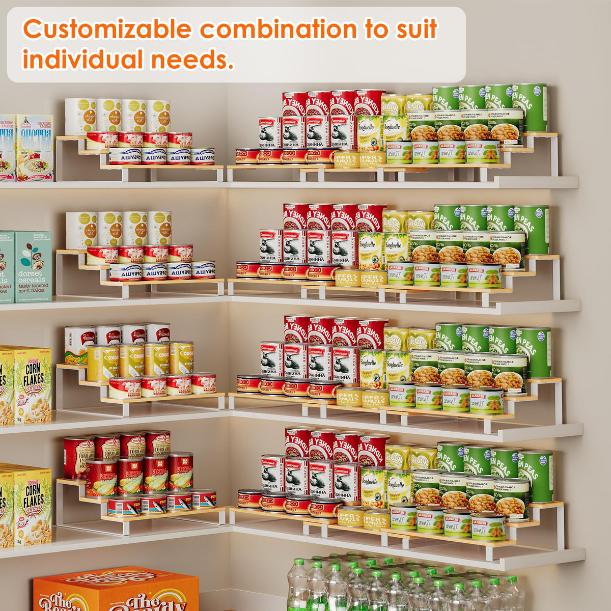 NuoyuanShen 3-Tier Expandable Iron&Bamboo Can Organizer for Pantry Holds Up to 45 Cans,Extra-long Separable Can Organizers and Storage,Can Storage Rack for Pantry Kitchen Cabinet Countertop