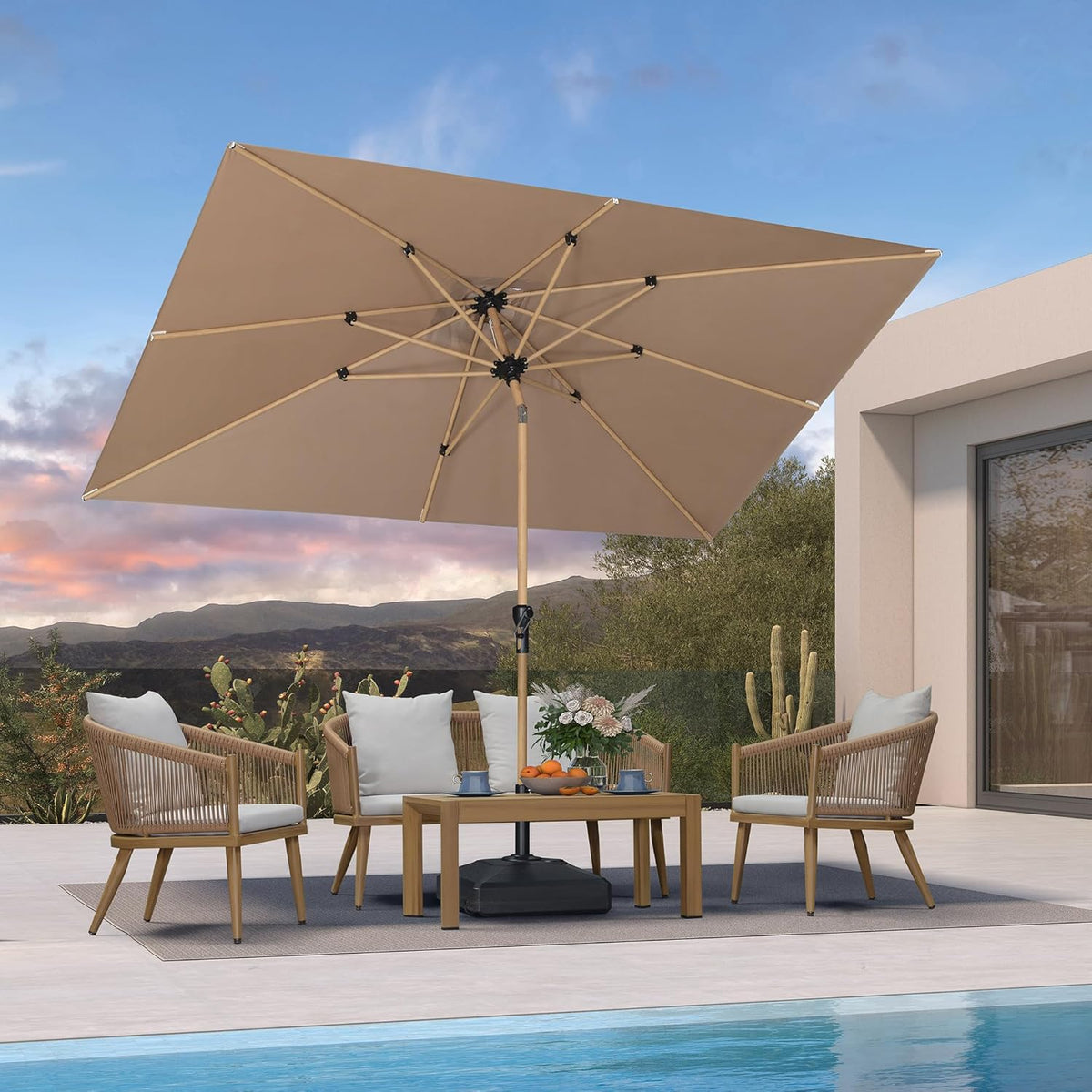 PURPLE LEAF 6.5' x 10' Patio Umbrella Outdoor Table Umbrella Aluminum Market Umbrella with Push Button Tilt & 8 Sturdy Ribs and Crank Rectangular Sun Umbrella for Pool Backyard Beach, Taupe