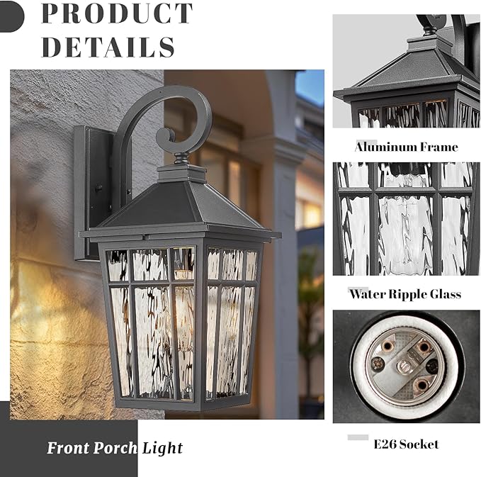 Outdoor Light Fixture 14 Inch Height Outside Wall Lights Black Finish and Water Ripple Glass Exterior Lights for House Garage Porch and Garden E26 Socket 2-Pack