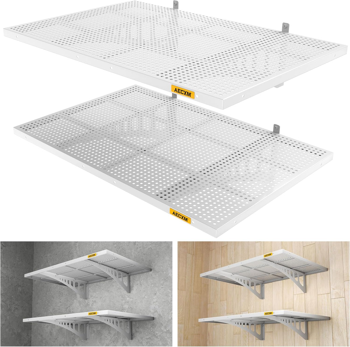 2-Pack 2x3ft Adjustable Garage Wall Shelving 560lbs Load Capacity Heavy Duty Wall Mounted Storage Shelf Metal Floating Shelves for Garage(White)