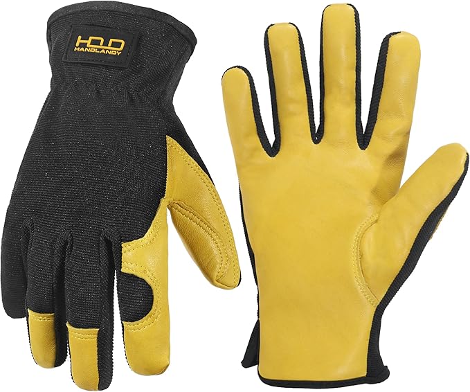 HANDLANDY Leather Work Gloves for Men & Women, Reinforced Durable Garden Gloves, Cowhide Working Glove for Gardening