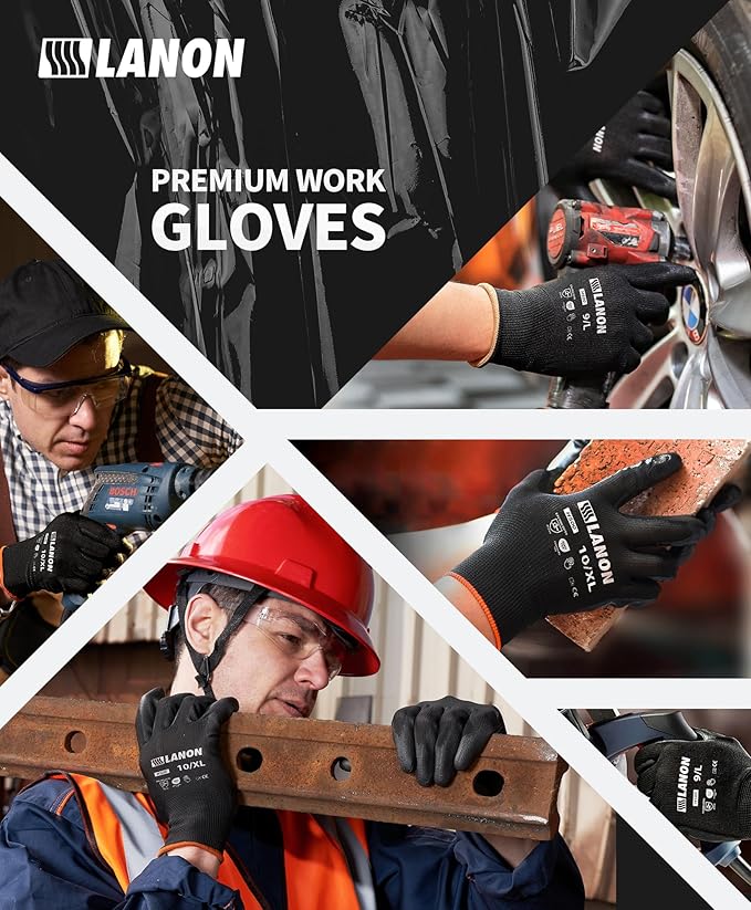 LANON Safety Work Gloves for Men and Women, 18 Pairs Mechanic Black Working Gloves with Grip Odorless PU Coated, Seamless Knit, Full Fingertip Touchscreen for Light Duty Working Gloves, X-Large