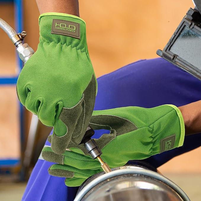 HANDLANDY Leather Work Gloves for Men & Women, Reinforced Durable Garden Gloves, Cowhide Working Glove for Gardening