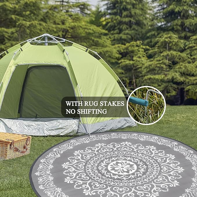 Pauwer Waterproof Outdoor Rug 6ft, Reversible Plastic Straw Patio Camping Rug, Indoor Outdoor RV Mat Carpet for Deck, Camper, Porch, Balcony, Backyard, Picnic, Floral Grey
