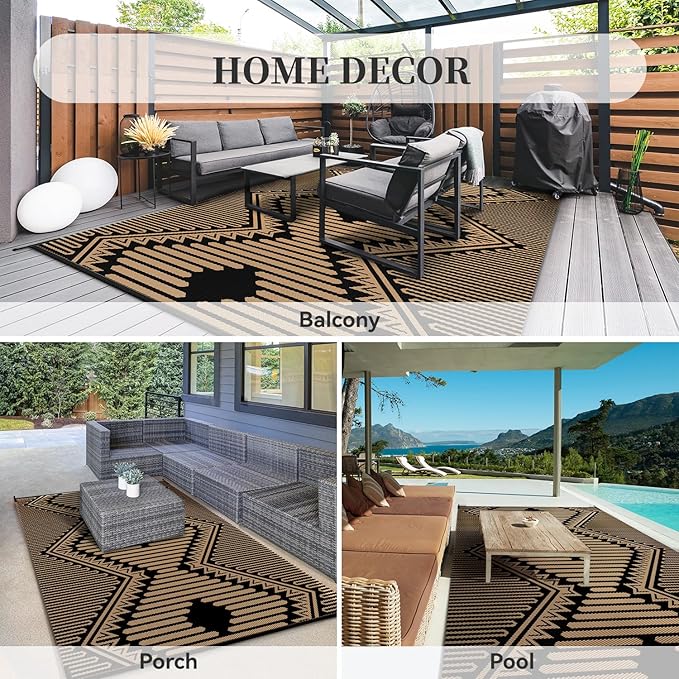MontVoo Outdoor Rug-Waterproof Patio Rug Mat 5x8 Outdoor Carpet Mat Reversible Plastic Straw Outside Outdoor Rug for RV Camping Picnic Balcony Backyard Pool Deck Porch Modern Boho Black Brown