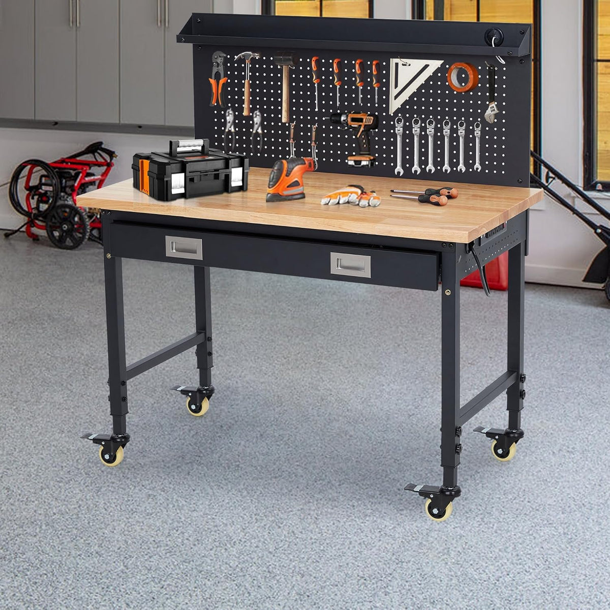 48'' Adjustable Workbench, Heavy Duty Workbench with Drawer and Backplate, 2000 LBS Capacity Work Table with Power Outlet and Lockable Wheels, Suitable for Office, Garage, Workshop
