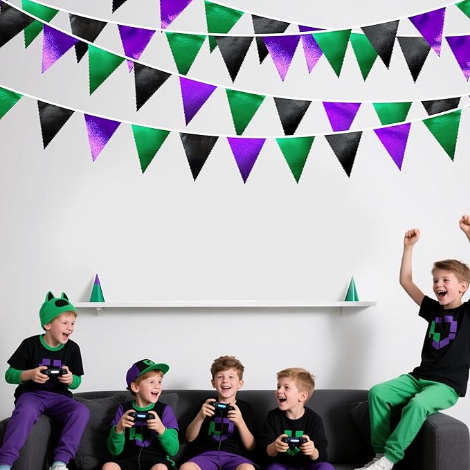 Black Purple Green Party Decorations Metallic Fabric Triangle Pennant Banner Flag Bunting for Boys Men Birthday Graduations Wedding Bachelorette Retirement Video Game Level Up Theme Party Supplies