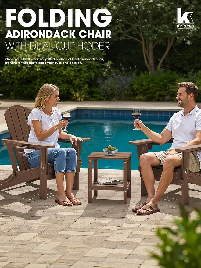 KINGYES Folding Adirondack Chair Set of 4, Dual Cup Holders & All-Weather HDPE, Wood-Like Patio Chair for Backyard, Camping, Pool & Fire Pit, Brown