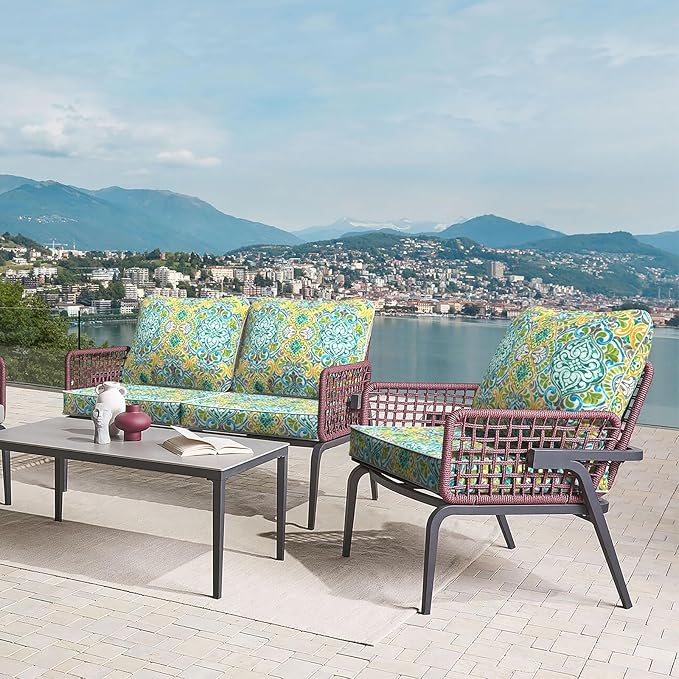 LVTXIII Outdoor Deep Seat Cushion Patio Seat and Back Cushion Set Seasonal Chair Cushion for Dining Arm Chairs, Wicker Chairs and Garden Furniture Decoration, 24"x24"x4", Damask Green