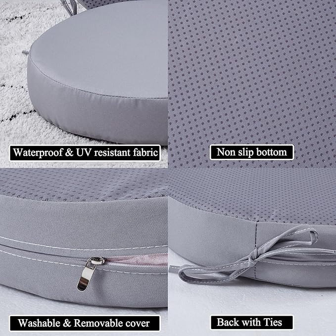 15 x 15 Inch Round Cushions for Outdoor Furniture Non-Slip Waterproof Patio Bistro Chair Cushion with Ties Bar Stool Seat Cushion for Kitchen Chairs Set of 2, Light Gray