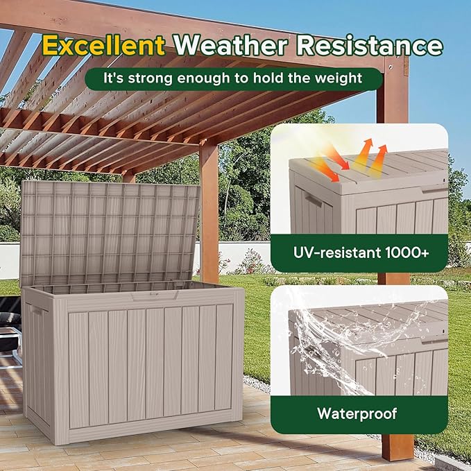 46 Gallon Outdoor Deck Box,Storage Lockable Waterproof Patio Furniture,Garden Tools,Cushions,Pool Accessories Outside Storage Resin Box(Light Brown)