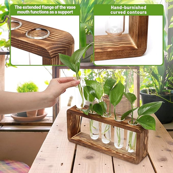 Glass Plant Propagation Station with 5 Test Tubes Planter Vase with Wooden Stand Birthday Gifts for Women Mom Plant Lovers