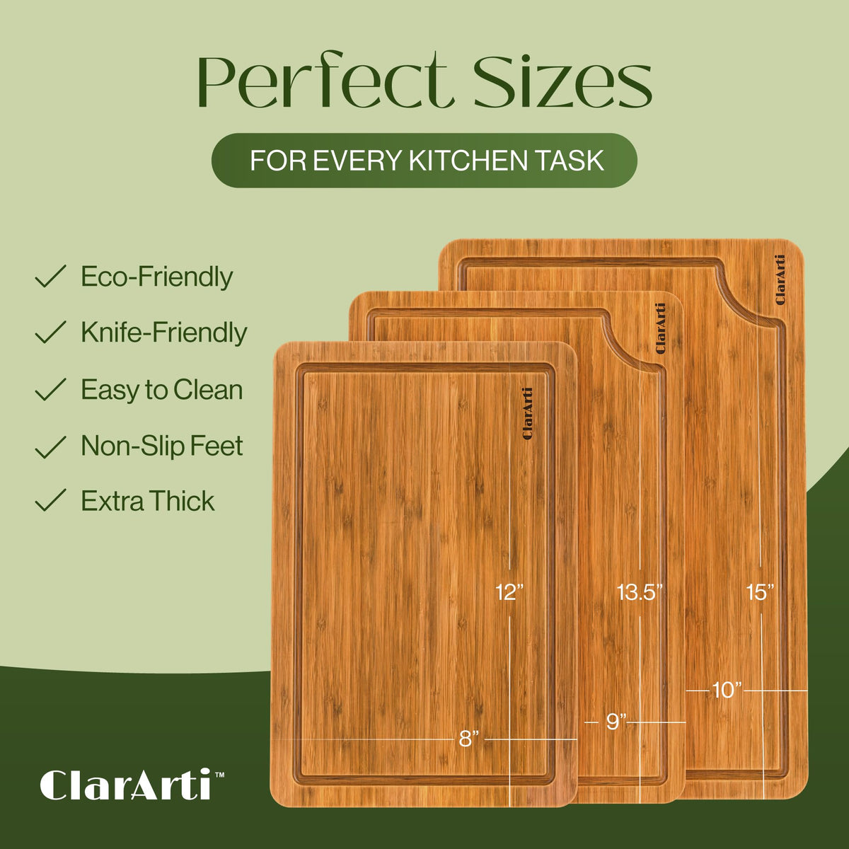 ClarArti - Bamboo Cutting Boards for Kitchen – Set of 3 Non-Slip Wood Cutting Boards with Juice Groove – Thick Organic Bamboo Chopping Board Set for Meat, Vegetables & Meal Prep