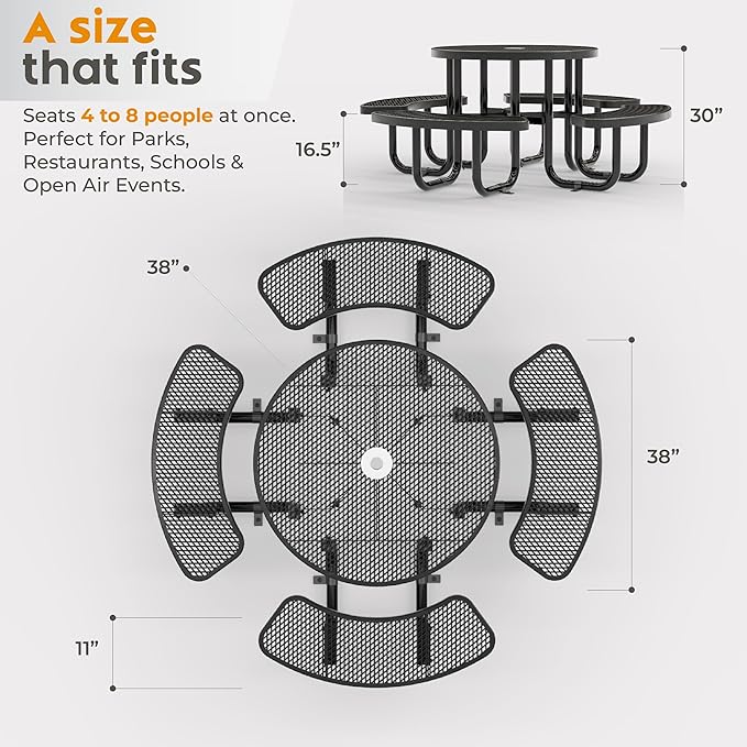 Metal Picnic Tables for Outdoors with Umbrella Hole - Coated Steel Heavy Duty Commercial Grade Table with Adjustable Seats (Black, 38 in, Round, Expanded Steel)