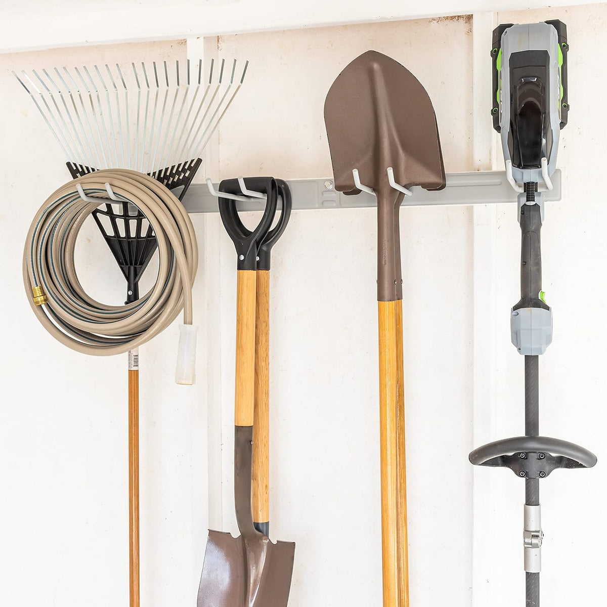 StoreYourBoard Wall-Mounted Rack With 4 Garage Hooks, Gray – Heavy-Duty Steel Holder Garage & Garden Storage for Shed, Workshop, or Home Organization – For Rakes, Shovels, Tools & More – 1 Pack, Gray