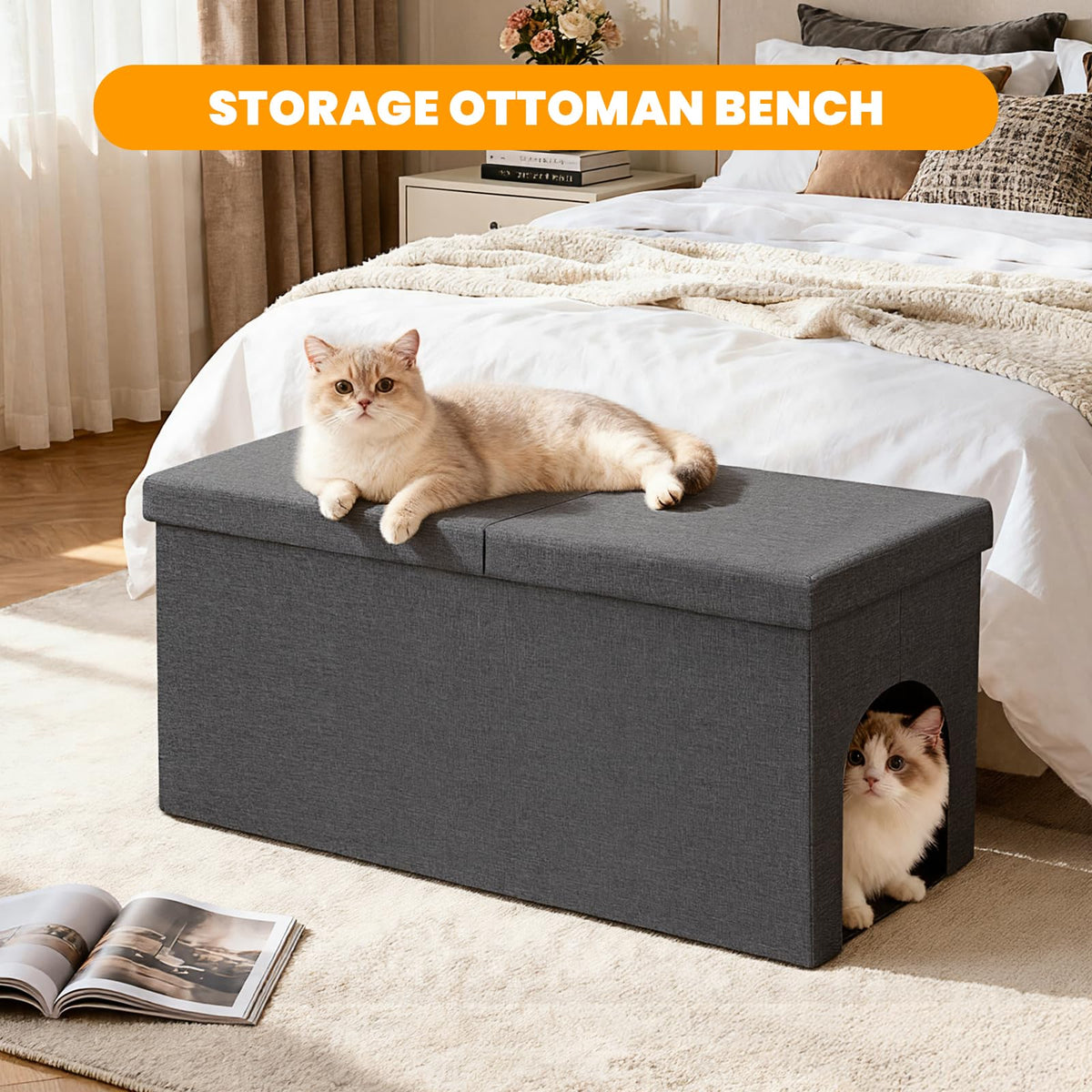 Fecuria 3-in-1 Cat Litter Box Enclosure with Odor Control, Multi-Functional Hidden Litter Box Furniture Bench, Dog Proof, Space-Saving Ottoman Cabinet with Flip-Up Lid, Storage Footrest, Dark Grey