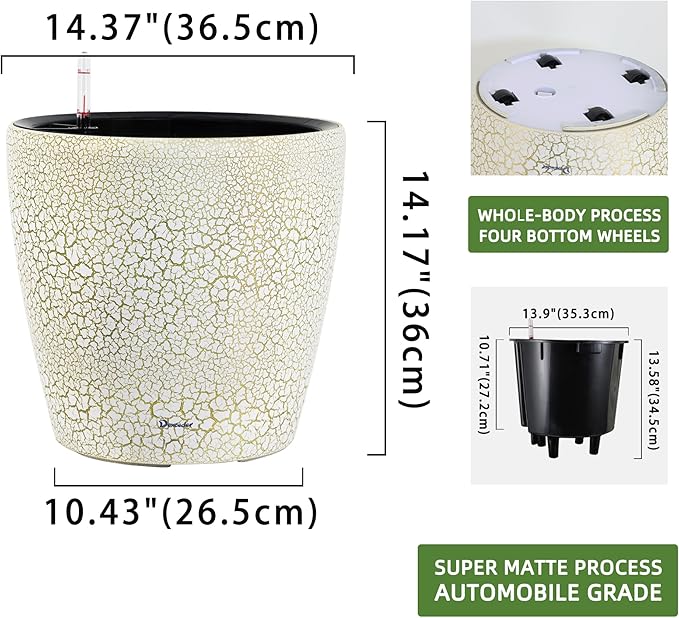Dexceder 15x14 Self Watering Planter with Wheels Indoor Outdoor, Inner Pot Design, Thickened Large Floor Standing Flower Plant Pot with Water Level Indicator (White Gold Crackle)