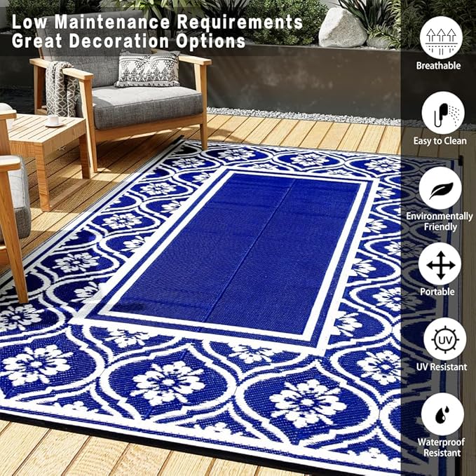 Plastic Outdoor Rug 6'x9' Waterproof Camping Carpet Outside Area Rug Reversible Light Blue Rugs for RV Deck Entryance Porch Picnic Balcony Beach
