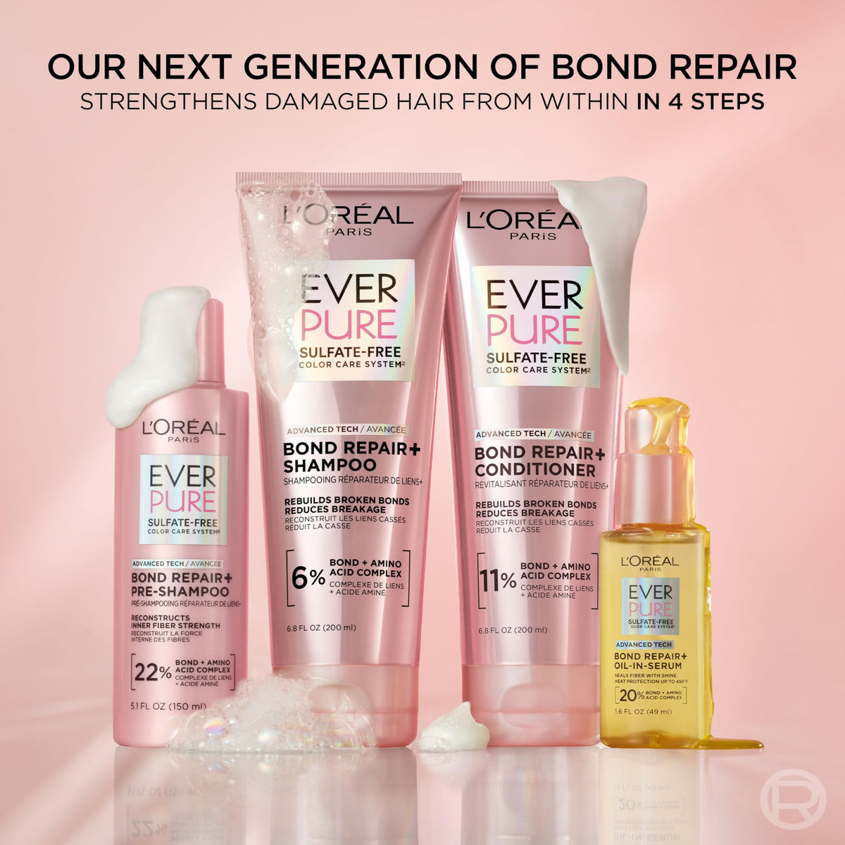 L'Oreal Paris Sulfate Free Bond Repair+ Shampoo, Hair Shampoo with Amino Acid Complex, Strengthens and Repairs Damaged or Color Treated Hair, EverPure, 23 Fl Oz (Packaging May Vary)
