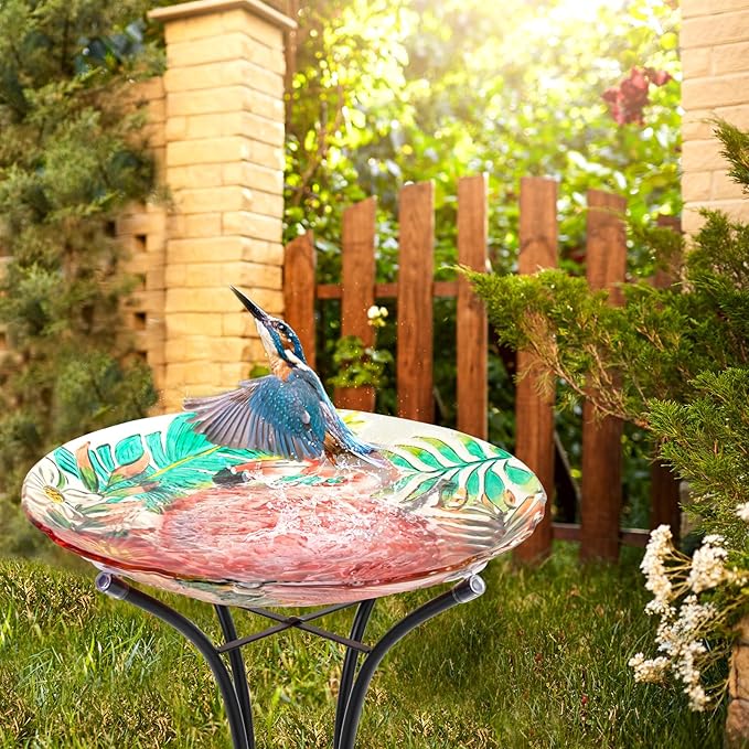 VCUTEKA 18" Outdoor Glass Birdbath with Sturdy Metal Stand for Lawn, Yard, or Garden Decor Bird Lovers Gift, Flamingo Bird Bath Detachable, 22" Height