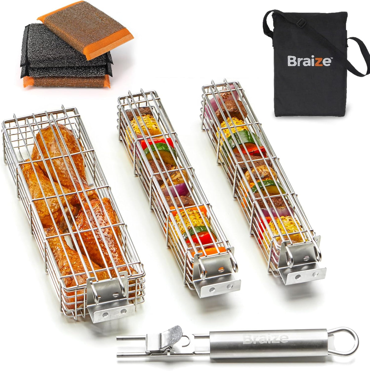 Large Grilling Basket Set – 3 Stainless Steel Kabob Baskets with Removable Handle & Scrubber Sponge – Heavy-Duty Grill Accessory for Veggies, Meat & More