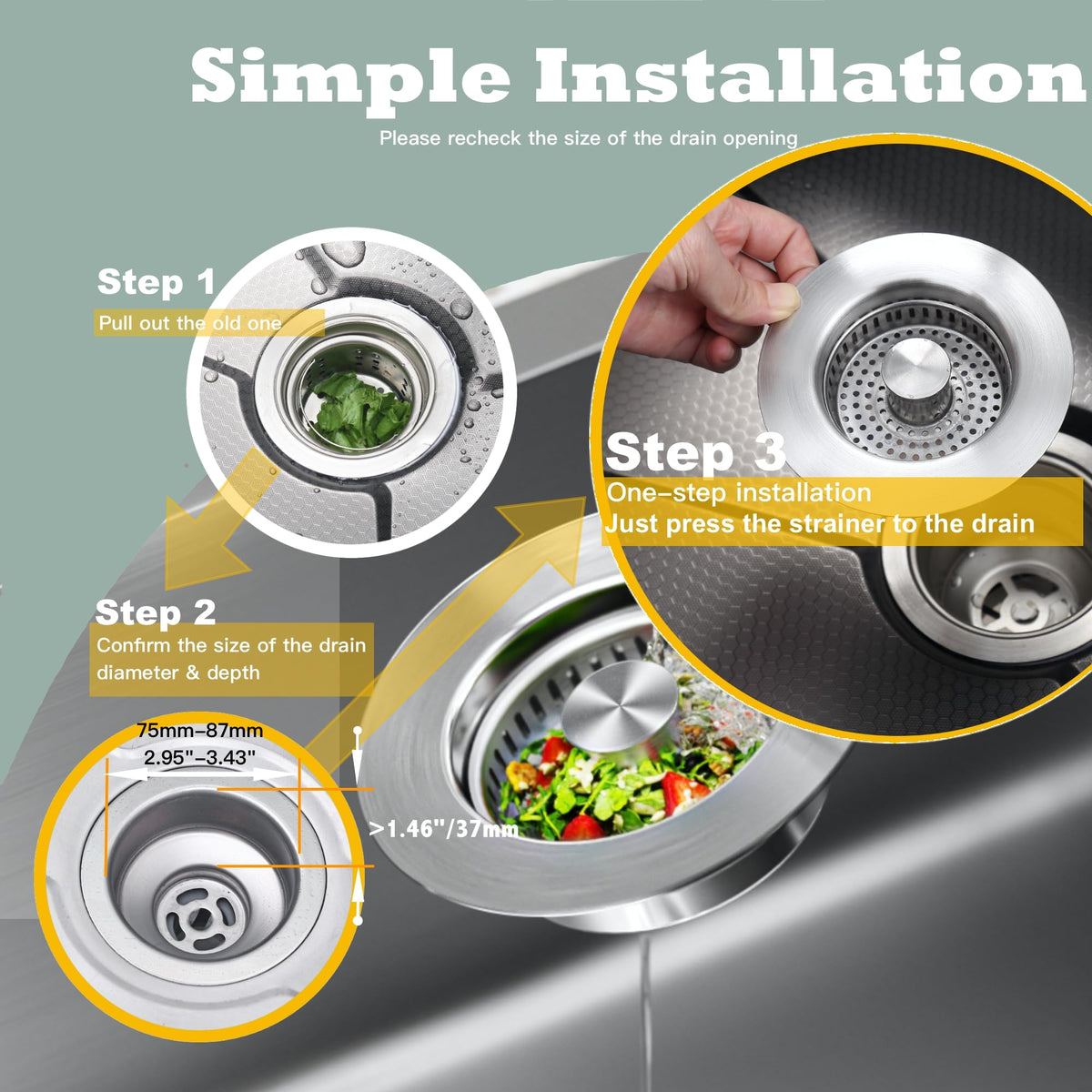 Sink Drain Strainer 3 in 1, 304 Stainless Steel Pop Up Sink Stopper, Anti-Clogging Sink Strainer, Kitchen Sink Strainer, Drain Cover and Kitchen Accessories for US Standard Sink(Silver)