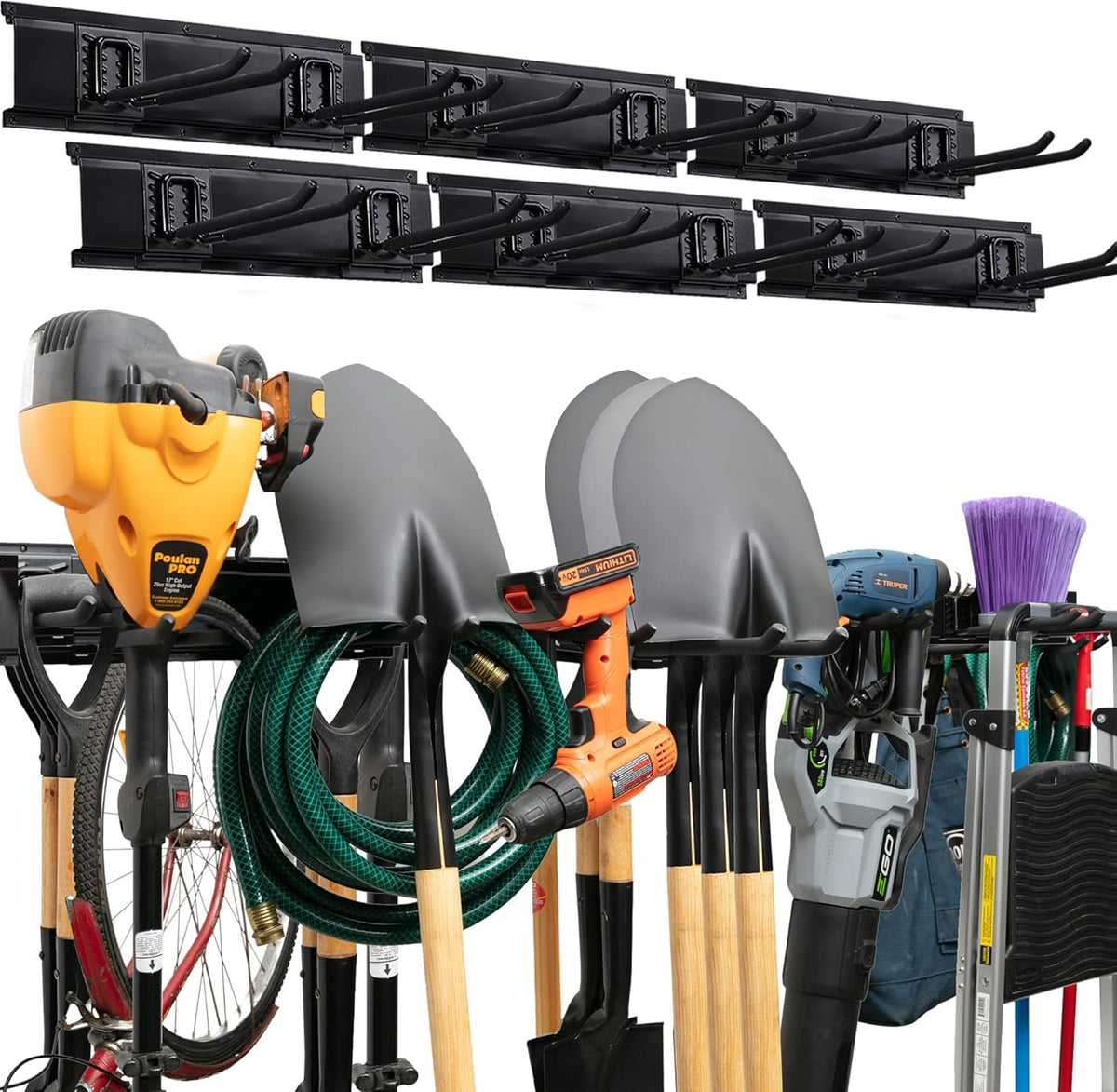 Garage Tool Organizer Wall Mount - 96 inches - Sturdy Storage Rack with Adjustable Hooks, Anti-Rust - Easy Installation, 600lbs Capacity - Garden Tool Organizer (06 Racks & 12 Hooks)