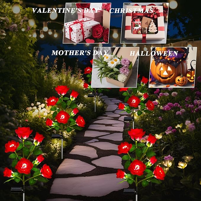 2 Pack Solar Garden Lights Outdoor, 7-Flower Rose LED Stake Light for Yard Patio Pathway Lawn Fence Cemetery, Red