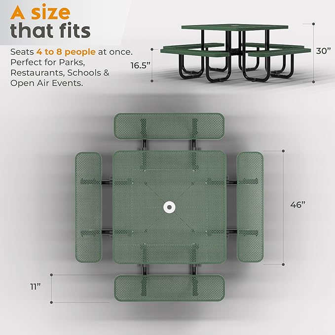 Metal Picnic Tables for Outdoors with Umbrella Hole - Coated Steel Heavy Duty Commercial Grade Table with Adjustable Seats (Green, 46 in, Square, Punched Steel)