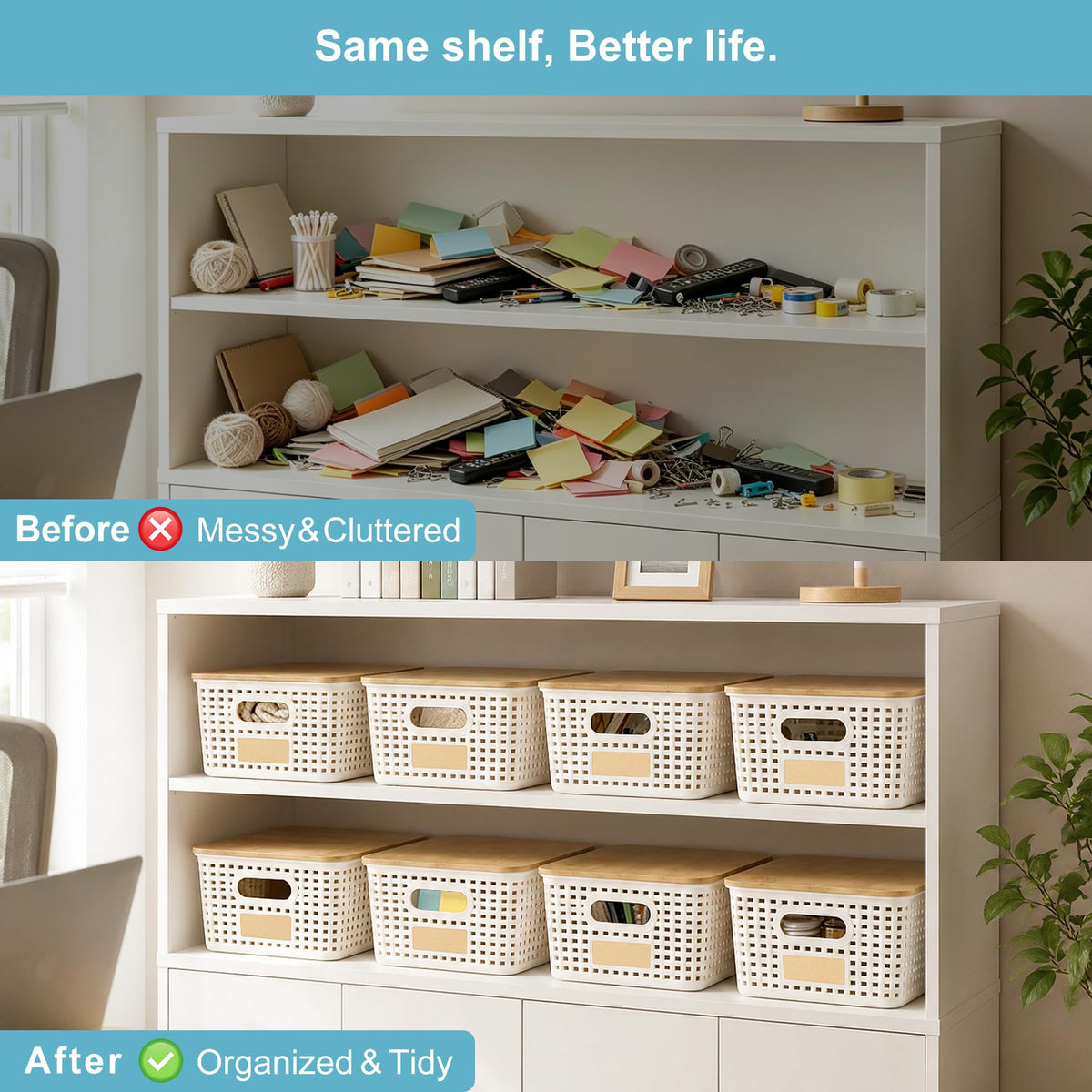 Bagnizer Small Plastic Storage Bins with Bamboo Lids 5.2qt Stackable Box Basket Pantry Decorative Containers Cute with Labels for Organizing Desktop Closet Office Cream White of 6 packs 10*7.2*4.1"