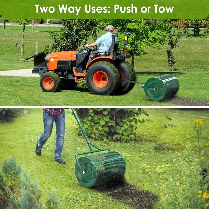 Seeutek Compost Spreader - 24" Peat Moss Spreader with 3 Heights, Top Soil Spreader W/Upgraded Side Latches Support Rod Powder Coated Metal Mesh Top Dressing Spreader for Lawn, 2 Way Uses-Push or Tow