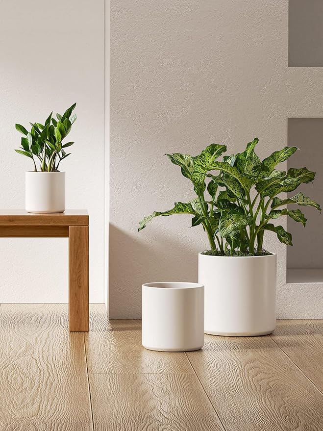 LE TAUCI Ceramic Pots for Plants, 10+8+6 Inch Indoor Plant Pots, Modern Planters for Indoor Plants Home Office, Cylinder Round Planters with Drainage Hole and Plug, Set of 3, White