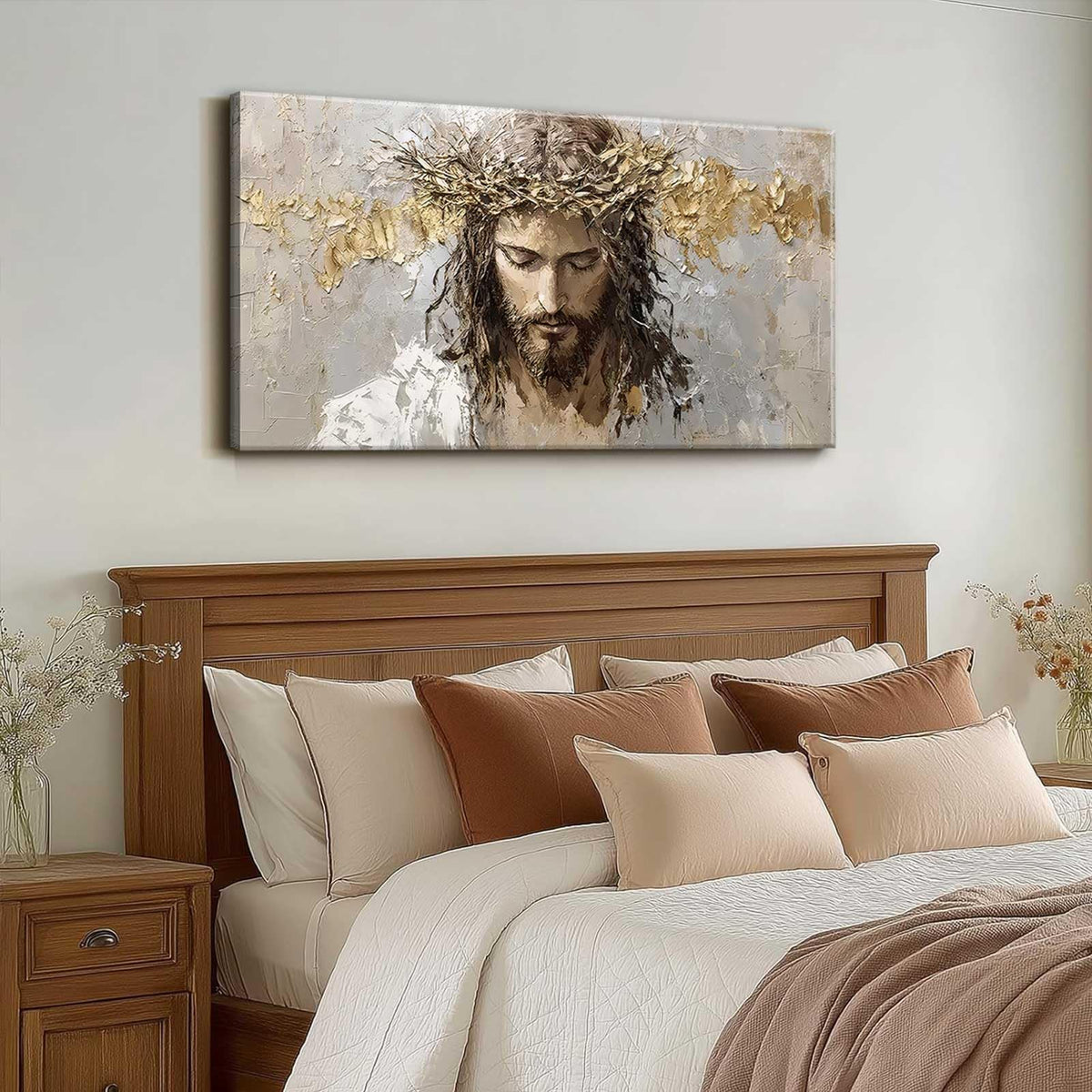 Large Jesus Portrait Canvas Wall Art Abstract Gold Thorns Jesus Painting Decor Pictures Beige Gray Christian God Posters Prints for Dining Living Prayer Room Kitchen Church Wall Bedroom Decoration