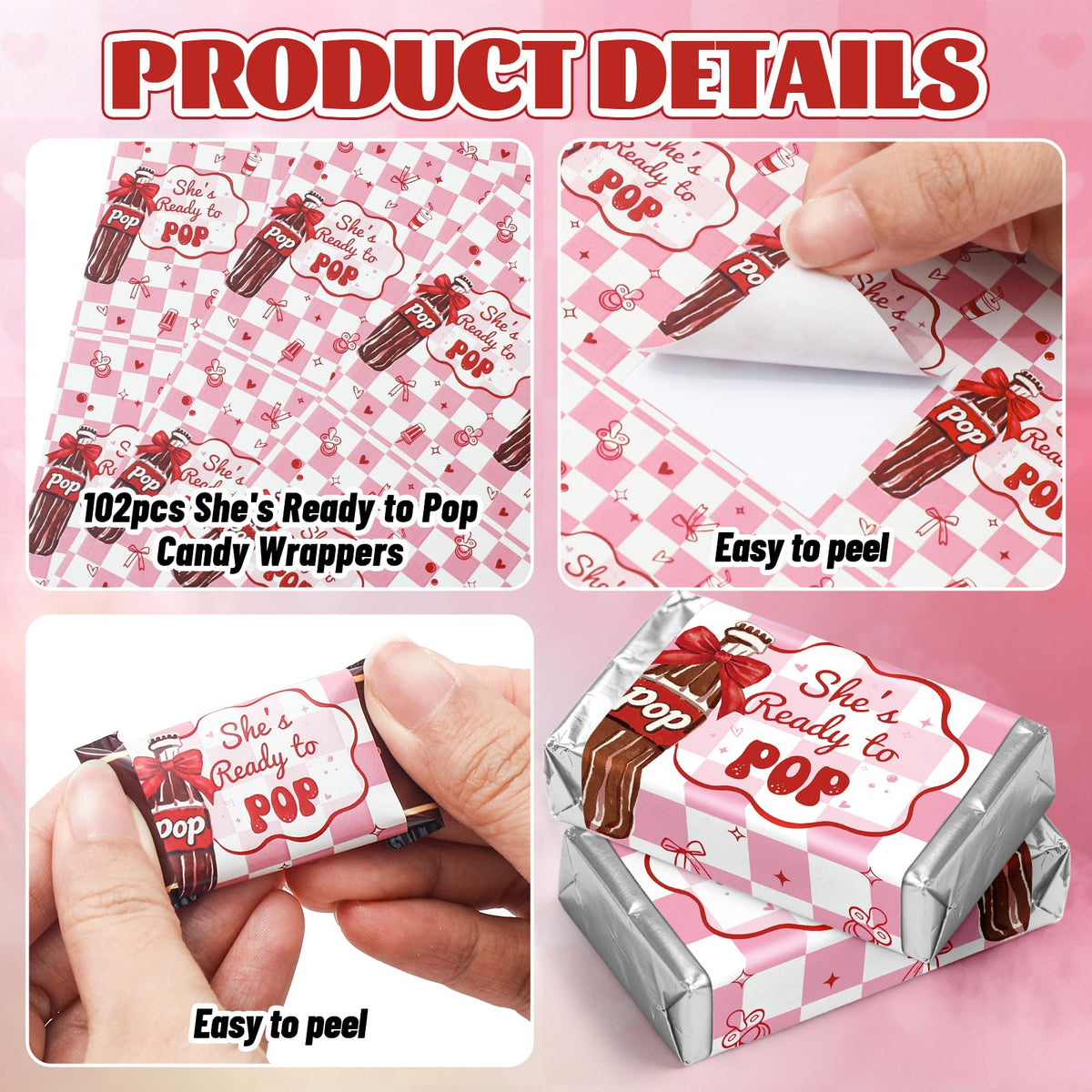 JarThenaAMCS 102Pcs She's Ready to Pop Candy Wrappers Baby Shower Chocolate Bar Wrappers Red Pink Soda Label Stickers for Gender Reveal Party Favors