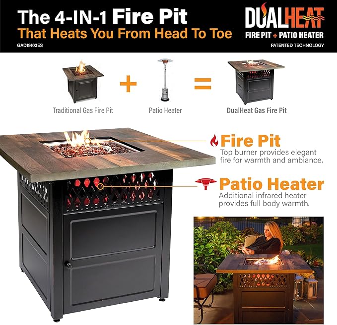 DualHeat by Endless Summer, The Harris, 38" Square Propane Gas Outdoor Fire Pit/Patio Heater