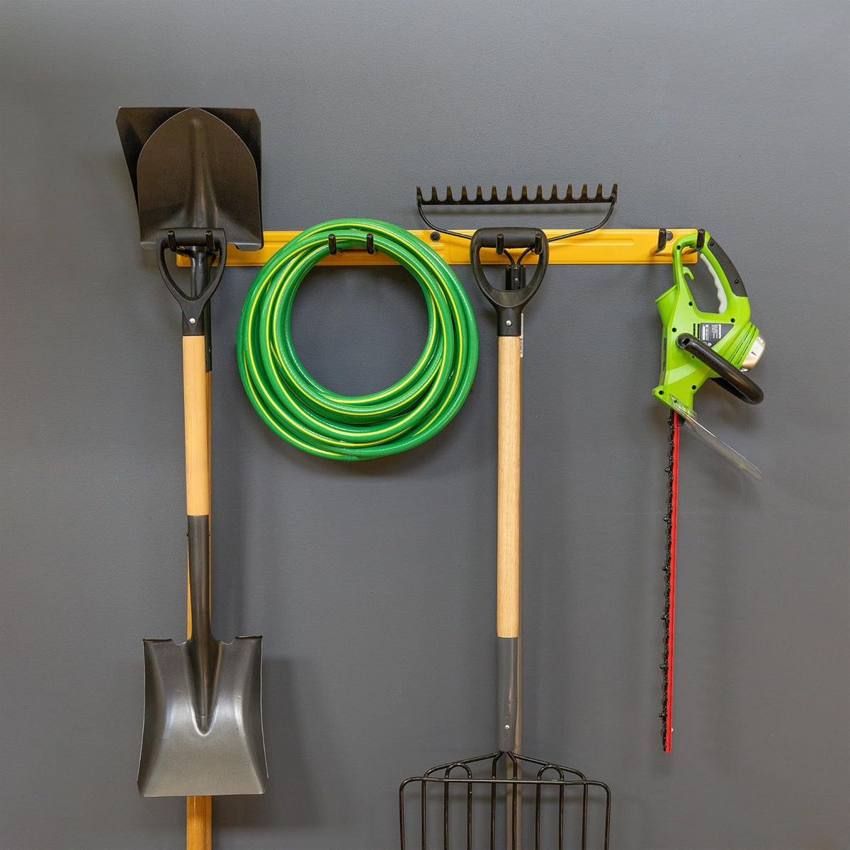 StoreYourBoard Wall-Mounted Rack With 4 Garage Hooks – Heavy-Duty Steel Holder Garage & Garden Storage for Shed, Workshop, or Home Organization – For Rakes, Shovels, Tools & More – 1 Pack, Tractor