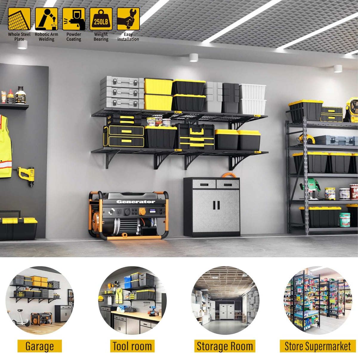 2x3ft Adjustable Rail Wall Garage Storage Shelf, for Tool Room, Storage Room, Store Supermarket Wall Storage Shelving Rack (4 Pack-Black)