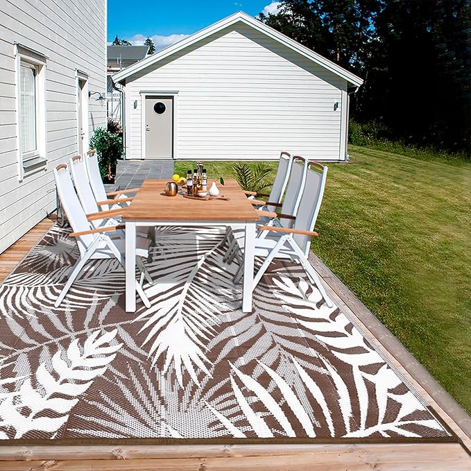 Outdoor Rug Waterproof for Patios Clearance, Reversible Outdoor Plastic Straw Rug Camping Carpet, Outside Floor Mats Large Area Rugs for RV,Patio,Deck,Porch,Beach,Balcony，10'x8',Brown&White