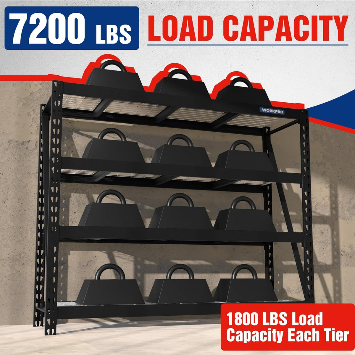 WORKPRO Garage Shelving, 68" W x 24" D x 65" H, 7200 LBS Load, Heavy Duty Metal Shelving for Storage, Industrial Shelving Storage Rack for Warehouse Kitchen Shop Basement, Black, Pack of 10