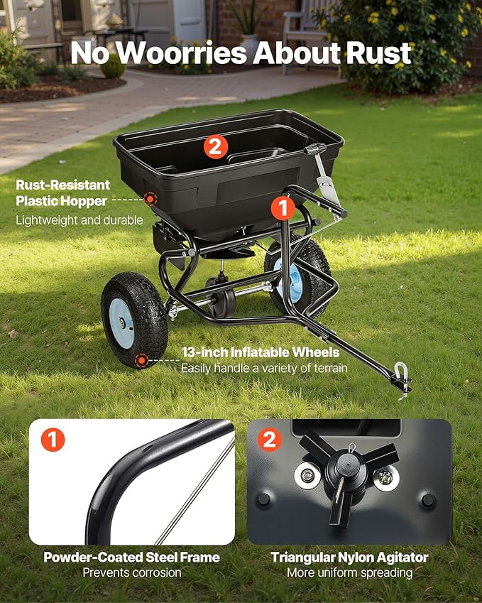 VEVOR Tow Behind Broadcast Spreader, 130LBS Capacity, Tow-Behind Lawn Spreader with 13 in Tires, 30 Adjustable Setting & 9.8 ft Spreading Width, Lawn Spreaders for Seed, Fertilizer, Salt, Ice Melt