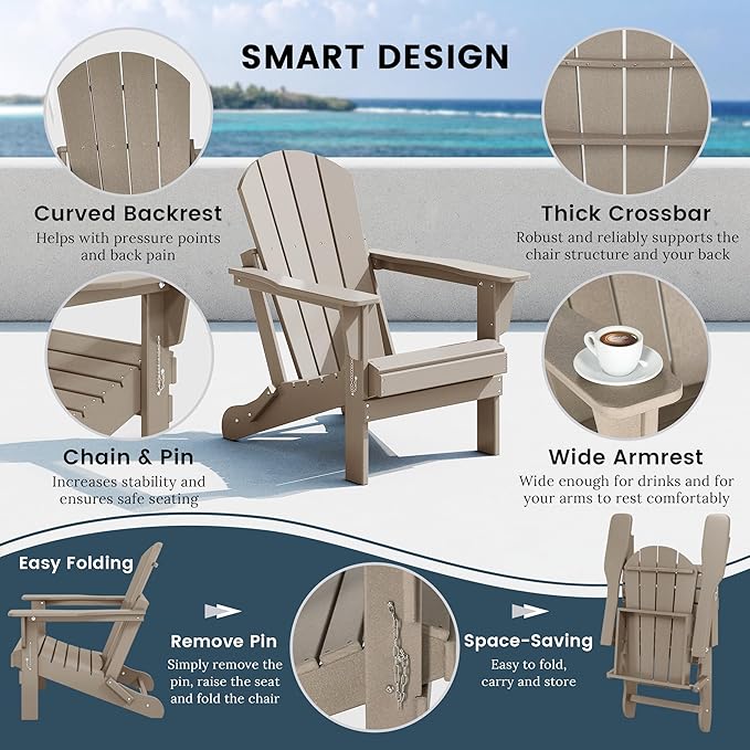 Westin Outdoors Laguna WO Home Outdoor Adirondack Folding Chair Lounger Seat Traditional Retro Home Furniture for Beach, Balcony, Backyard, Lawn, Patio, Pool, Deck, Garden (Weathered Wood)