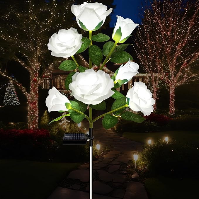 DWH 1 Pack Solar Garden Lights Outdoor, 7-Flower Rose Solar Lights for Yard, LED Solar Powered Stake Lights for Patio Pathway Lawn Fence Cemetery, White