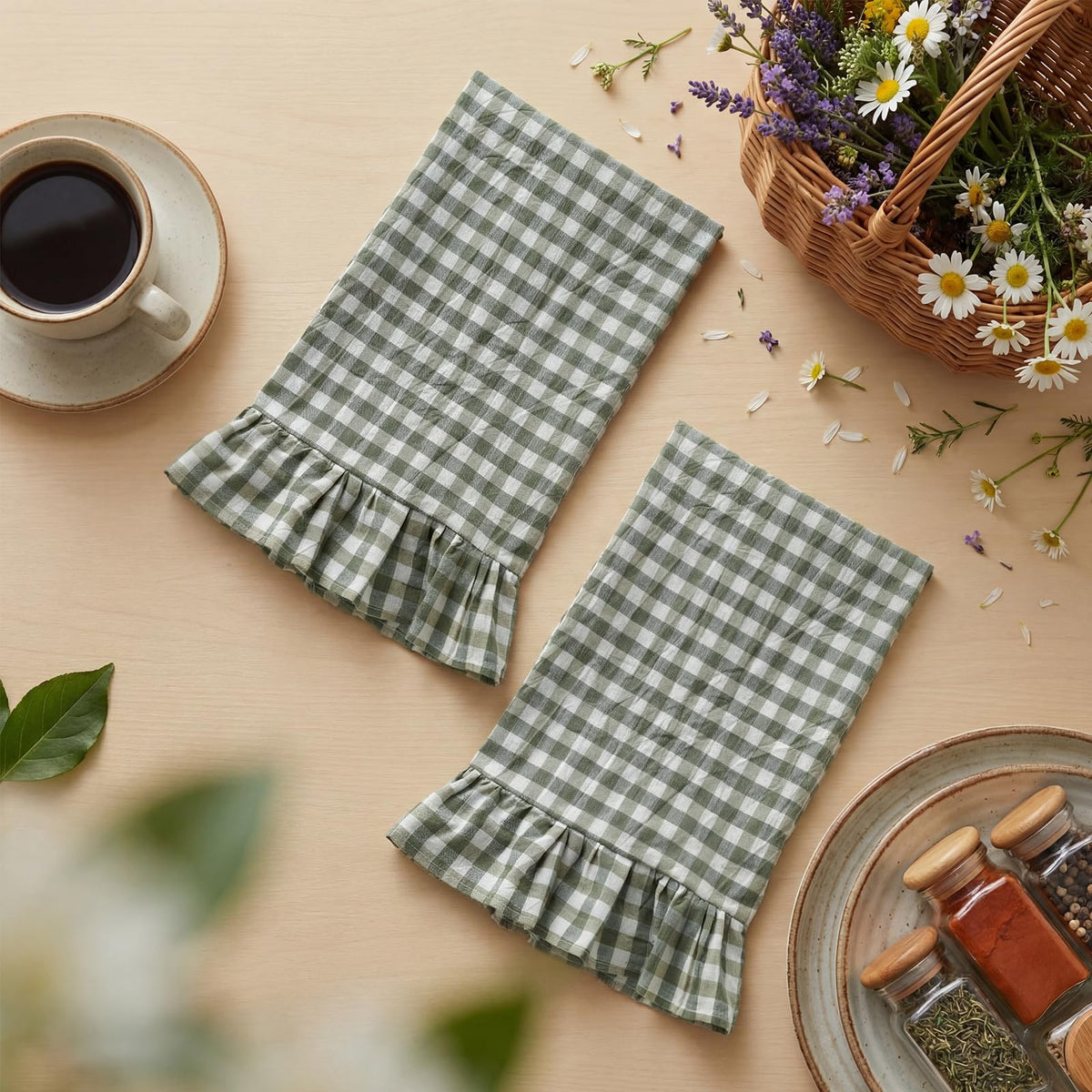 HunnmingRe 2 Pcs Sage Green Gingham Kitchen Towels Cotton Ruffled