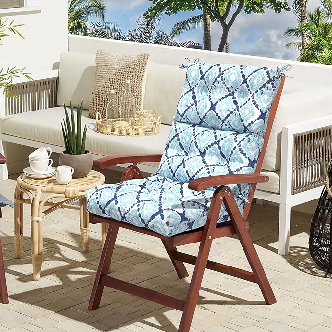 LVTXIII Outdoor Tufted High Back Cushions Set of 2 Patio Seasonal Replacement Rocking Chair Cushion with Ties, Solid Seat and Back Chair Cushion, (44” L x 22W”, Boho Geometry Blue)