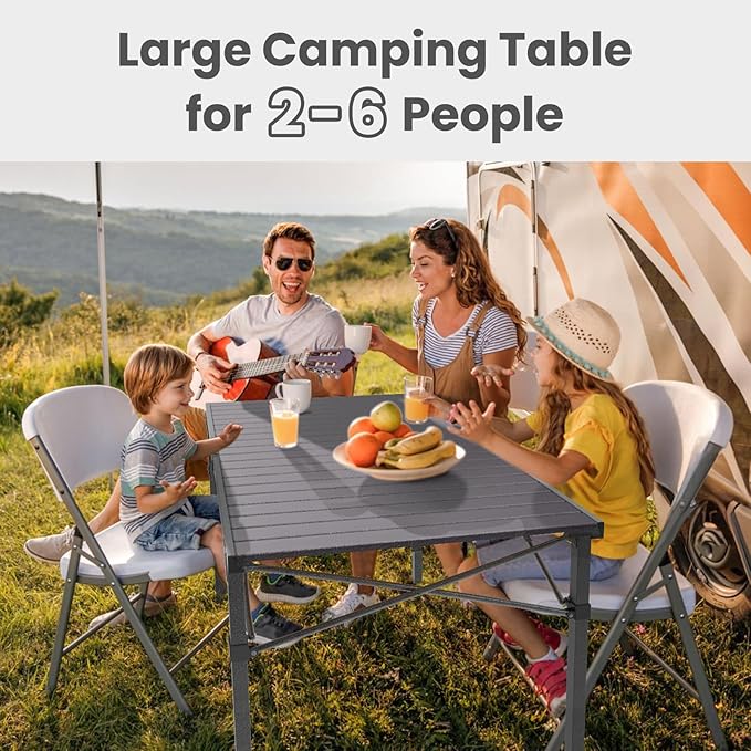 Portable Outdoor Camping Table Large for 2-6 Person - Foldable Camp Table with Aluminum Roll-Up Top & Carry Bag for BBQ, Tailgating, Backyard, 220 Lbs Capacity, Stable & Sturdy (Black)